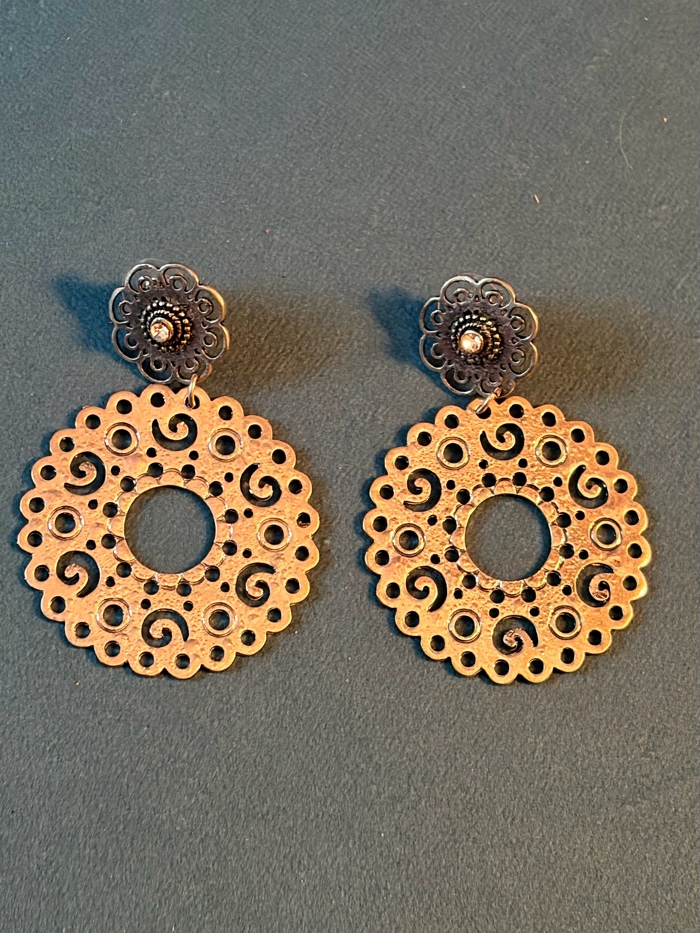 Filigree Round Drop Earrings - Silver Tone